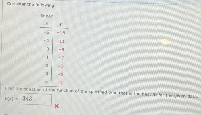 Consider The Following Linear X 2 1 0 1 3 Y 13 11 9 7 5 4 1 Find The Equation Of The Function Of The Specified 1