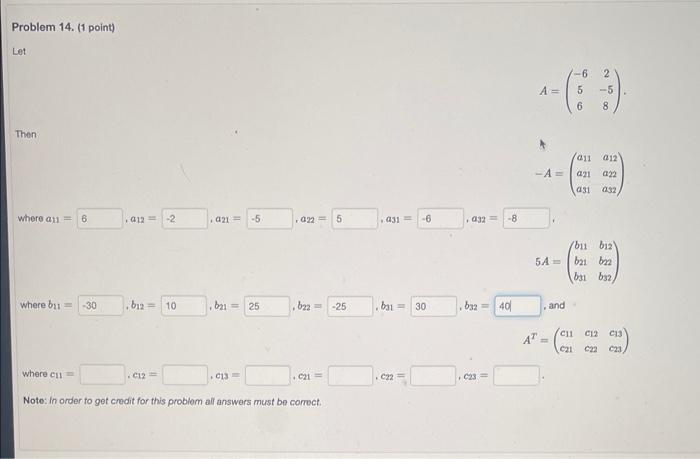 A 656 2 58 Then Where A11 Note In Order To Get Credit For This Problem All Answers Must Be Correct 1