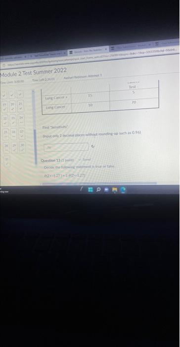 Module 2 Test Summer 2022 24 Lung Cancer Lung Cancer 15 34 10 Find Seativity Input Only 2 Decimal Places Without Roundi 1