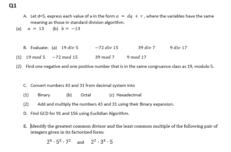 Q1 A A Let D 5 Express Each Value Of A In The Form A Dq R Where The Variables Have The Same Meaning As Those In 1