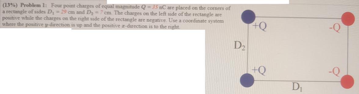 13 Problem 1 Four Point Charges Of Equal Magnitude Q 35 Nc Are Placed On The Corners Of A Rectangle Of Sides Di 1