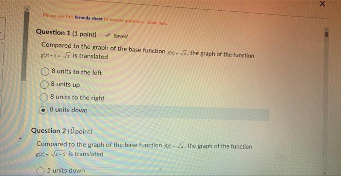 Compared To The Graph Of The Base Function F X X The Graph Of The Function 8 X 8 X Is Translated 8 Units To The Lef 1