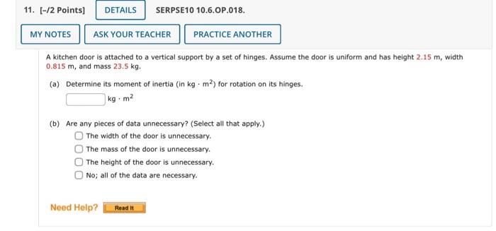 11 2 Points Details Serpse10 10 6 Op 018 My Notes Ask Your Teacher Practice Another A Kitchen Door Is Attached To 1