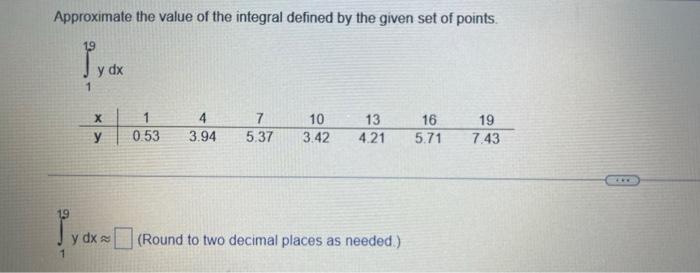 19 Approximate The Value Of The Integral Defined By The Given Set Of Points Py Dx X Y Y Dx 1 4 7 10 13 0 53 3 94 5 37 3 1