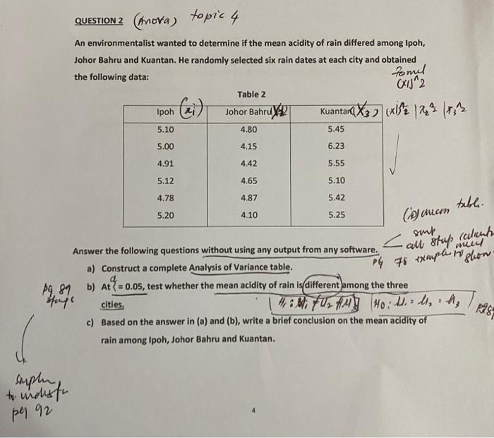 Question 2 Nova Topic 4 An Environmentalist Wanted To Determine If The Mean Acidity Of Rain Differed Among Ipoh Johor 1
