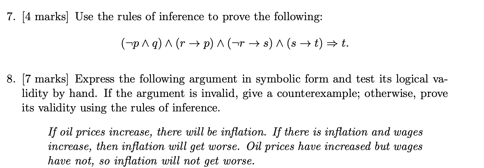 7 4 Marks Use The Rules Of Inference To Prove The Following P Q Rp R S S T T 8 7 Marks Expr 1