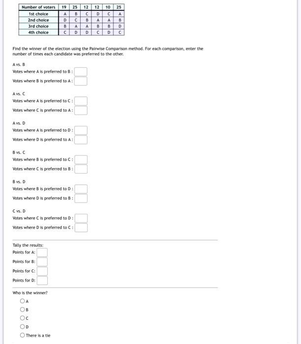 Number Of Voters 1st Choice 2nd Choice 3rd Choice 4th Choice 19 A Vs B Votes Where A Is Preferred To B Votes Where B I 1