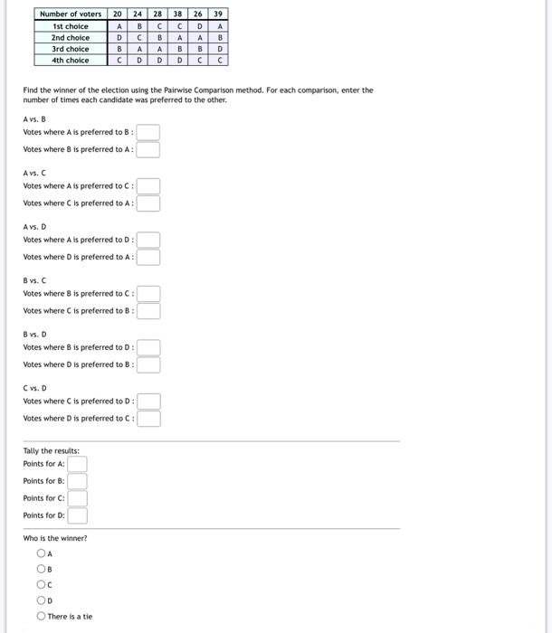 Number Of Voters 1st Choice 2nd Choice 3rd Choice 4th Choice 20 A D 24 28 B A Vs B Votes Where A Is Preferred To B Vot 1