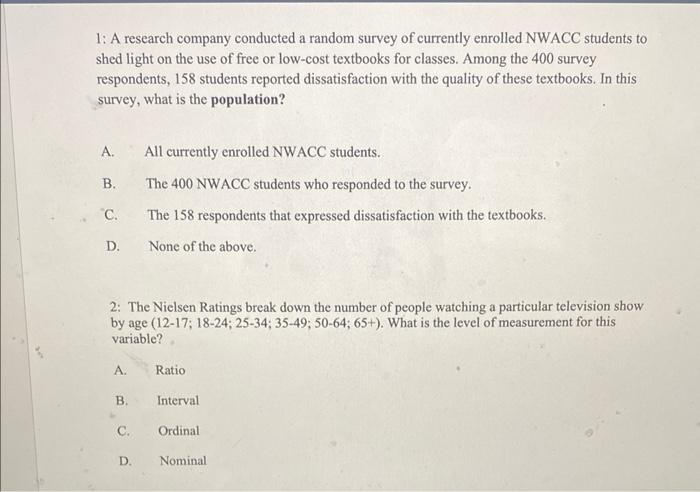 1 A Research Company Conducted A Random Survey Of Currently Enrolled Nwacc Students To Shed Light On The Use Of Free Or 1