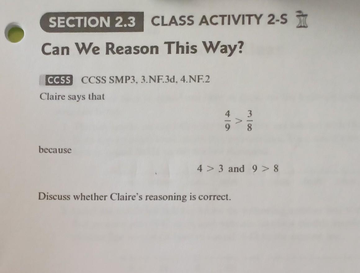 Section 2 3 Class Activity 2 S Can We Reason This Way Ccss Ccss Smp3 3 Nf 3d 4 Nf 2 Claire Says That Because 4 3 1