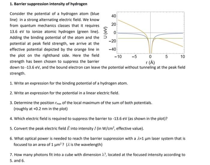 20 U Ev 10 1 Barrier Suppression Intensity Of Hydrogen Consider The Potential Of A Hydrogen Atom Blue 40 Line In A 1