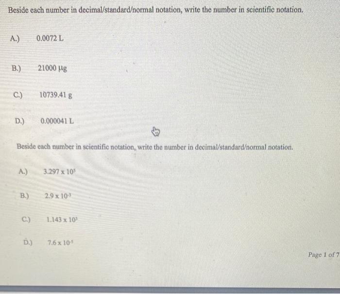 Beside Each Number In Decimal Standard Normal Notation Write The Number In Scientific Notation A B C D A B 1