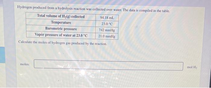 Hydrogen Produced From A Hydrolysis Reaction Was Collected Over Water The Data Is Compiled In The Table Total Volume O 1