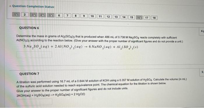A Question Completion Status 10 2 30 Scy 6 7 M 8 9 10 11 12 13 14 15 160 17 18 Question 6 Determine The Mass In Grams O 1