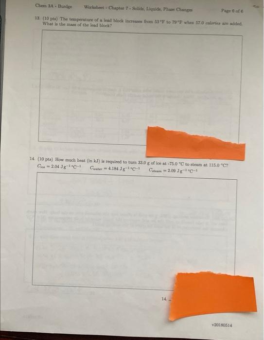 Chem 3a Bundge Worksheet Chapter 7 Solids Liquids Phase Changes Page 6 Of 6 13 10 Pts The Temperature Of A Lead B 1