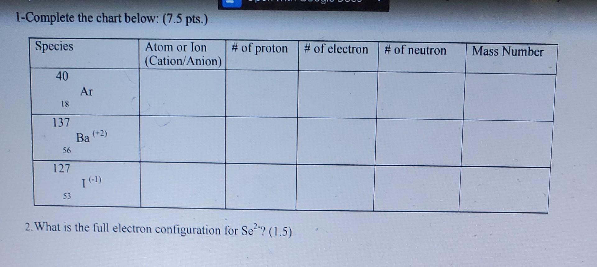 1 Complete The Chart Below 7 5 Pts Species Atom Or Ion Cation Anion 40 18 137 56 127 53 Ar Ba 2 1 1 Of Pro 1
