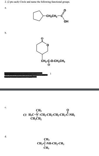 2 2 Pts Each Circle And Name The Following Functional Groups A B D Ch Ch Ch Ch C O Ch Ch Ch C Ch Ch Oh 1 C 1