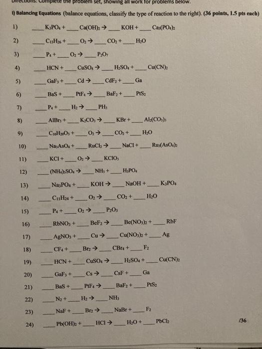 Plete The Problem Set Showing All Work For Problems Below 1 Balancing Equations Balance Equations Classify The Type 1