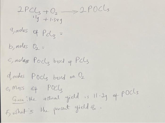 2pcl3 0 2 Pocls 1g 1 349 9 Moles Of Pcl3 B Moles C Molas Pocks Based Of Pcl3 D Moles Pocks Based E Mass O 1
