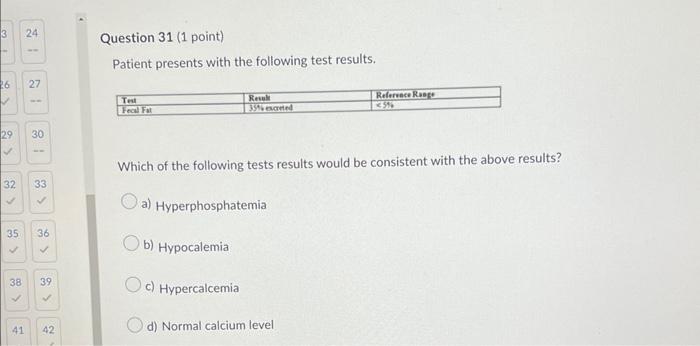 3 26 29 32 24 27 41 30 33 35 36 38 39 42 Question 31 1 Point Patient Presents With The Following Test Resu 1