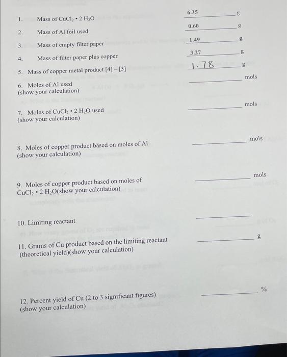 1 Mass Of Cucl Mass Of Al Foil Used Mass Of Empty Filter Paper 4 Mass Of Filter Paper Plus Copper 5 Mass Of Copper M 3