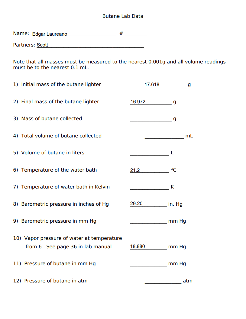 Note That All Masses Must Be Measured To The Nearest 0 001 G And All Volume Readings Must Be To The Nearest 0 1 Ml 1 I 1