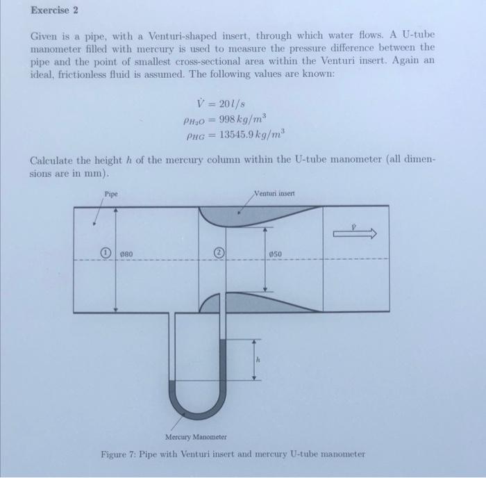Exercise 2 Given Is A Pipe With A Venturi Shaped Insert Through Which Water Flows A U Tube Manometer Filled With Merc 1