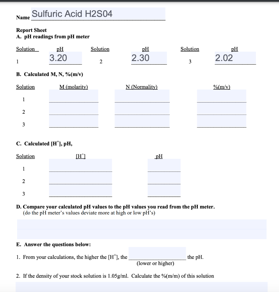 Name Report Sheet A Ph Readings From Ph Meter Solution 1 B Calculated M N M V M Molarity Solution 1 2 3 Sulfur 1