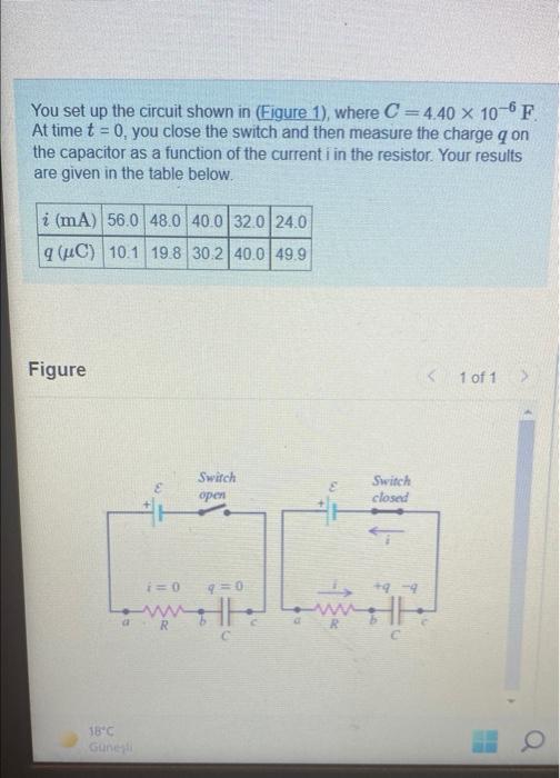 You Set Up The Circuit Shown In Figure 1 Where C 4 40 X 10 6f At Time T 0 You Close The Switch And Then Measure 1