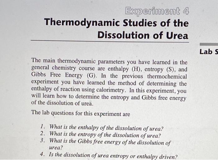 Experiment 4 Thermodynamic Studies Of The Dissolution Of Urea The Main Thermodynamic Parameters You Have Learned In The 1