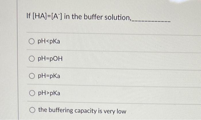 If Ha A In The Buffer Solution Ph Pka O Ph Poh O Ph Pka O Ph Pka O The Buffering Capacity Is Very Low 1