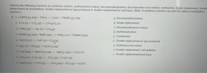 Classify The Following Reactions As Synthesis Redox Synthesis Non Redox Decomposition Redox Decomposition Non Re 1