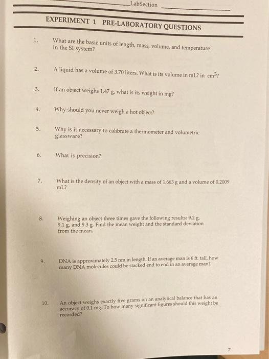 1 2 3 4 5 6 7 8 Experiment 1 Pre Laboratory Questions 10 Labsection What Are The Basic Units Of Length Mass 1