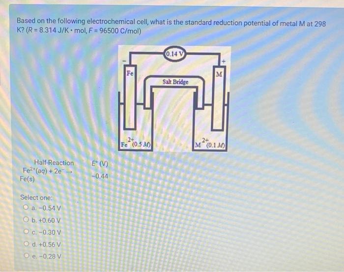 Based On The Following Electrochemical Cell What Is The Standard Reduction Potential Of Metal M At 298 K R 8 314 J 1