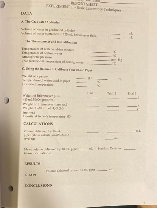 Data A The Graduated Cylinder Volume Of Water In Graduated Cylinder Volume Of Water Contained In 125 Ml Erlenmeyer Flas 1