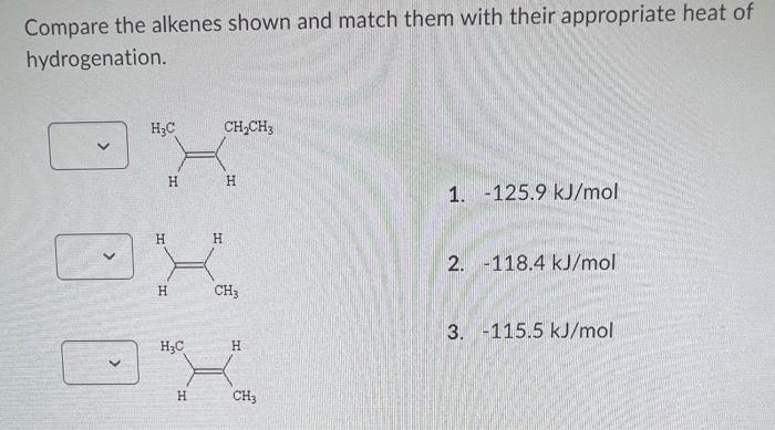 Compare The Alkenes Shown And Match Them With Their Appropriate Heat Of Hydrogenation H C H H H H C H Ch Ch3 H H Ch3 H 1