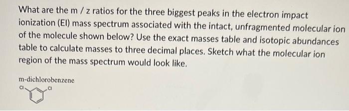 What Are The M Z Ratios For The Three Biggest Peaks In The Electron Impact Ionization El Mass Spectrum Associated Wit 1