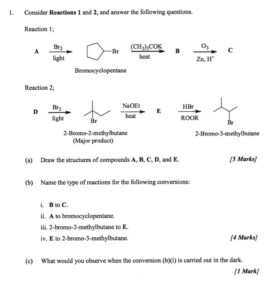 1 Consider Reactions 1 And 2 And Answer The Following Questions Reaction 1 A Reaction 2 A B C D Br Light Br 1