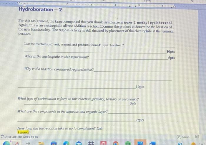 A 1 Sgdi Sr2 Hydroboration 2 For This Assignment The Target Compound That You Should Synthesize Is Trans 2 Methyl Cyc 2