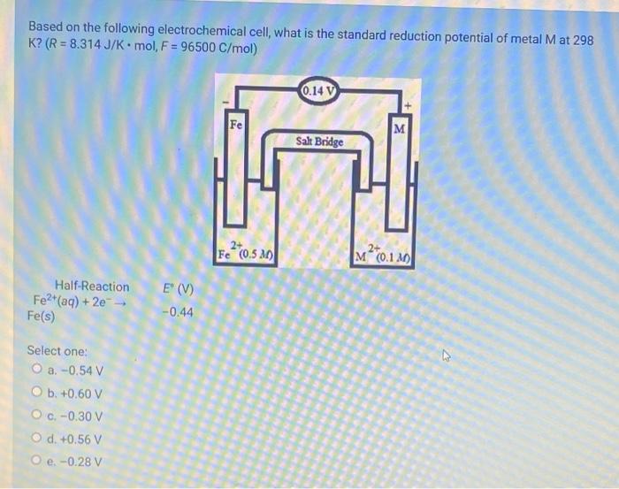 Based On The Following Electrochemical Cell What Is The Standard Reduction Potential Of Metal M At 298 K R 8 314 J 1