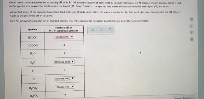 Order These Chemical Species By Increasing Ph Of An 0 1 M Aqueous Solution Of Each That Is Imagine Making An 0 1 M Sol 1