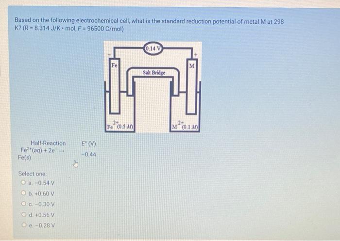 Based On The Following Electrochemical Cell What Is The Standard Reduction Potential Of Metal M At 298 K R 8 314 J 1