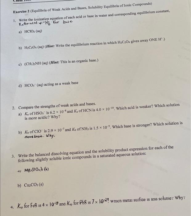 Exercise 2 Equilibria Of Weak Acids And Bases Solubility Equilibria Of Ionic Compounds 1 Write The Ionization Equati 1