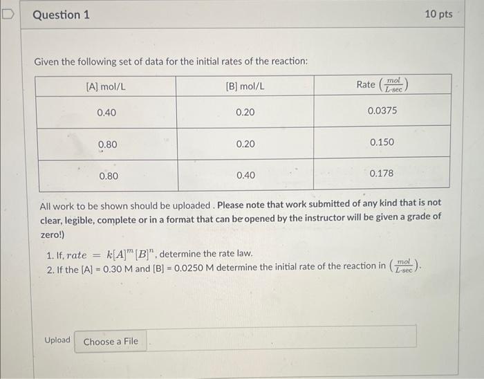 Question 1 Given The Following Set Of Data For The Initial Rates Of The Reaction A Mol L B Mol L 0 40 0 80 0 80 0 2 1