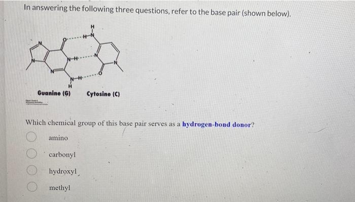 In Answering The Following Three Questions Refer To The Base Pair Shown Below Guanine G Cytosine C Which Chemica 2