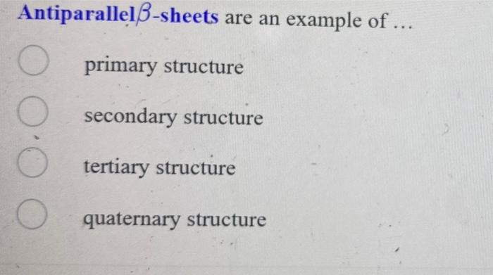 Antiparallel Sheets Are An Example Of Primary Structure Secondary Structure Tertiary Structure 0 0 0 Quaternary Stru 1