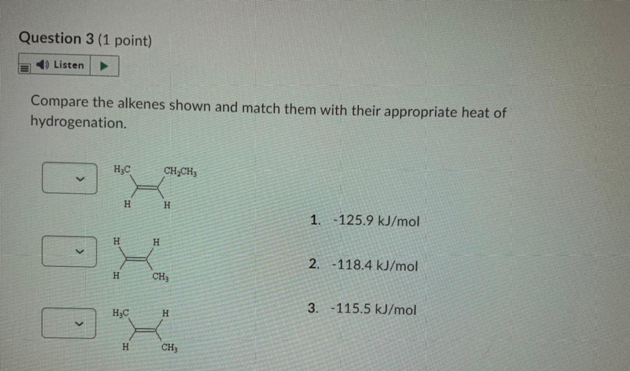Question 3 1 Point 4 Listen Compare The Alkenes Shown And Match Them With Their Appropriate Heat Of Hydrogenation 1