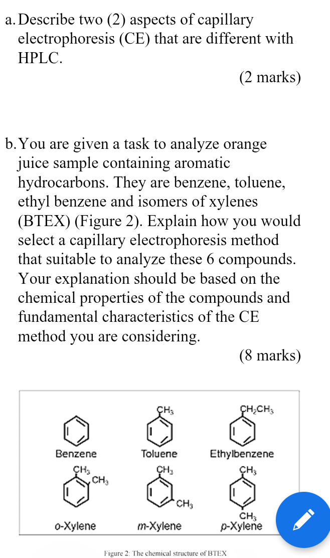 A Describe Two 2 Aspects Of Capillary Electrophoresis Ce That Are Different With Hplc 2 Marks B You Are Given A 1