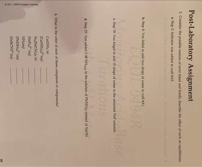 O 2011 2009 Cengage Leaming Post Laboratory Assignment 1 Consider The Possible Sources Of Error Listed And Briefly Des 1