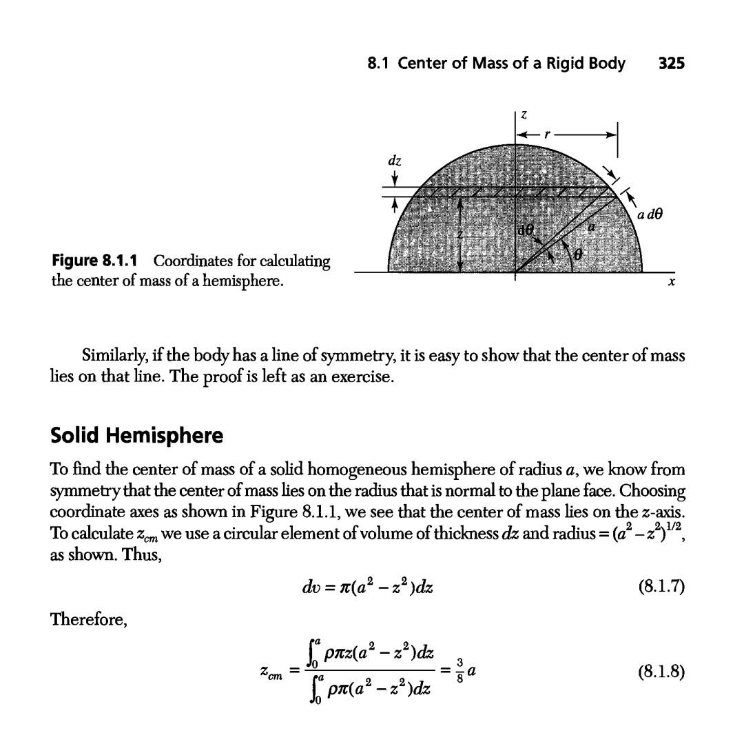 8 1 Center Of Mass Of A Rigid Body 325 Dz A Do Do Figure 8 1 1 Coordinates For Calculating The Center Of Mass Of A Hemis 1